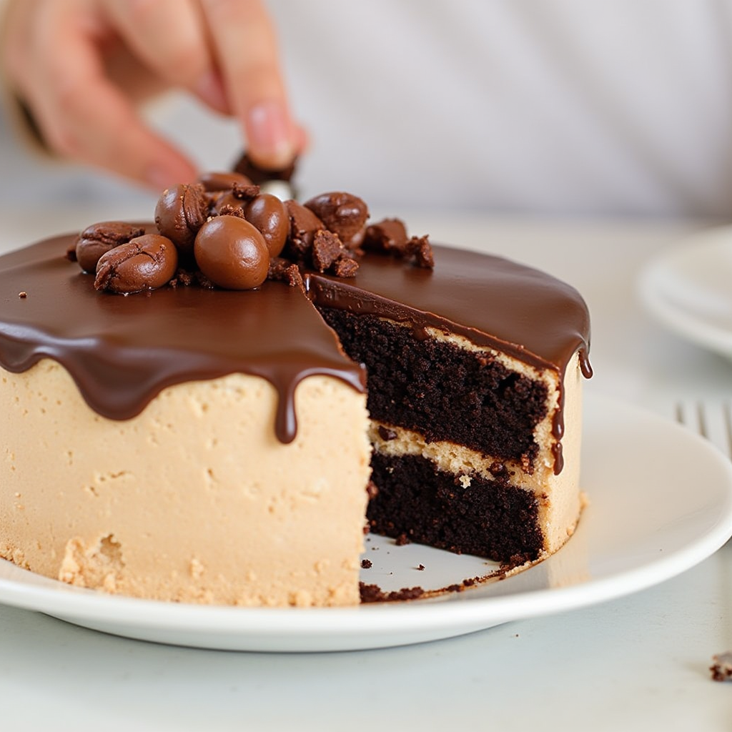 A delicious chocolate cake with a glossy chocolate ganache and topped with coffee beans and crushed chocolate pieces. A slice has been cut out, revealing the soft, layered interior.