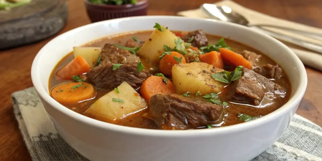 A steaming pot of tender beef stew inside a slow cooker, surrounded by aromatic herbs and vegetables.