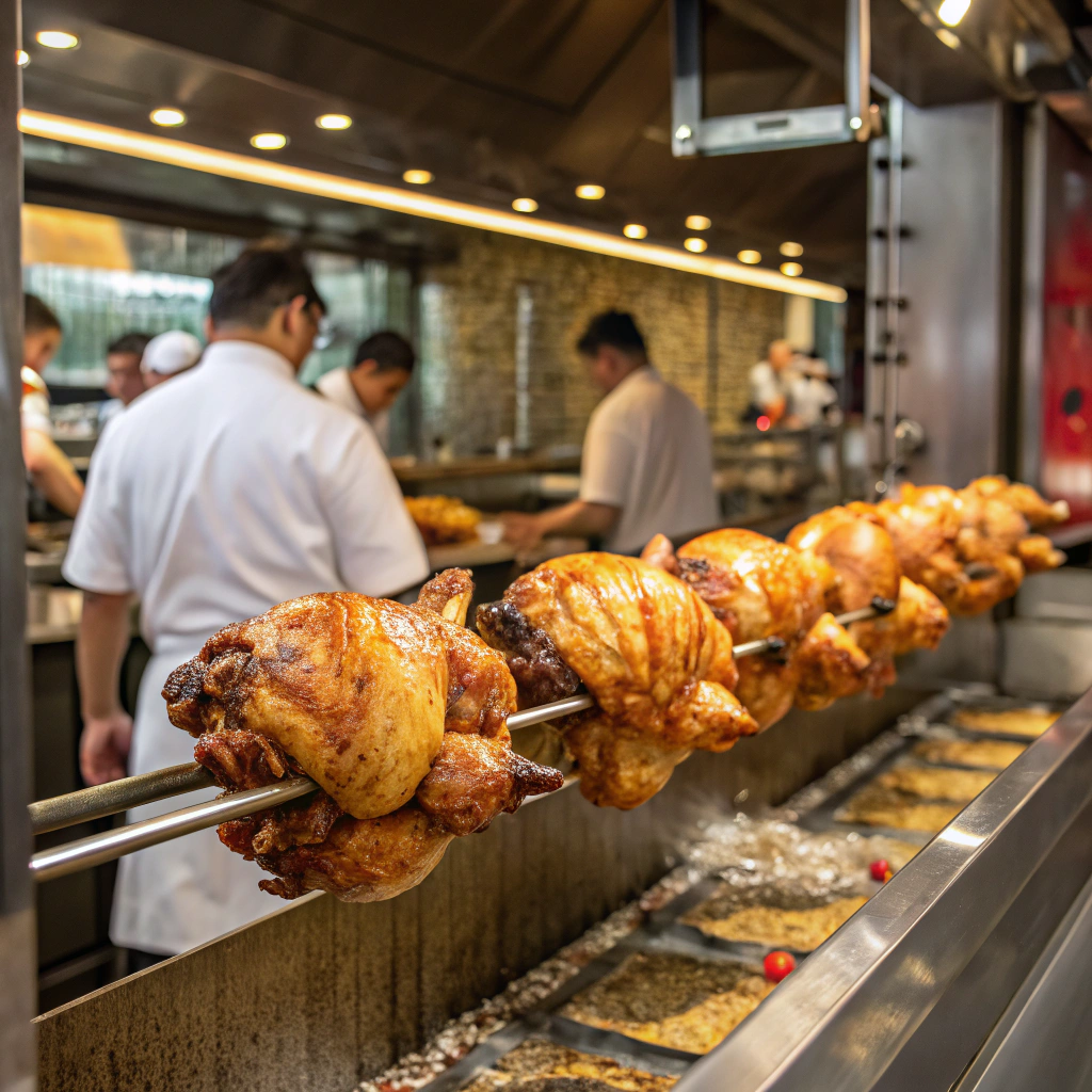 Rotisserie chickens roasting on a spit in a professional kitchen, with chefs preparing food in the background.