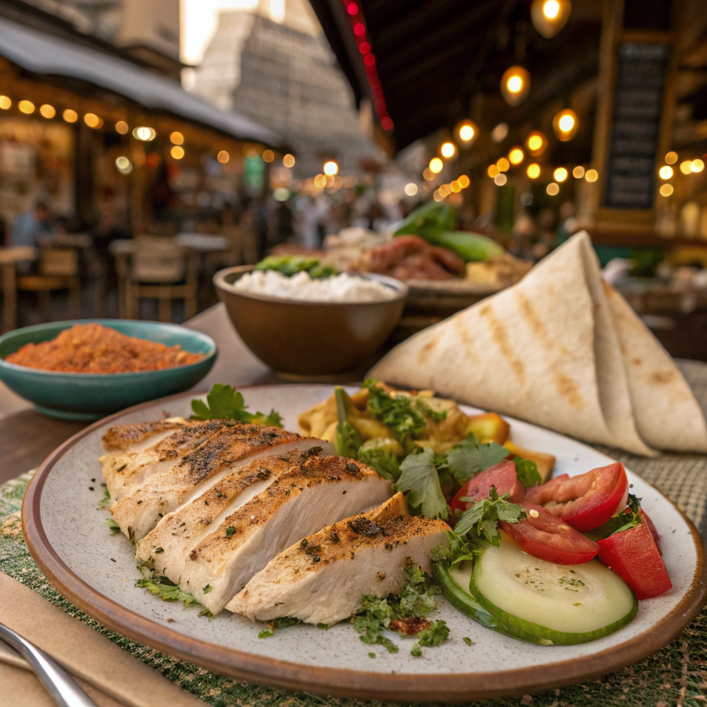 A beautifully plated Chicken Shawarma dish featuring sliced, grilled chicken with Middle Eastern spices, served with fresh vegetables, pita bread, and a side of rice in a vibrant outdoor market setting.