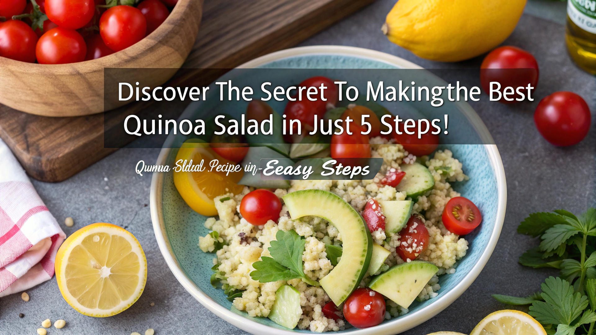 Quinoa Salad Recipe featuring a beautifully arranged mix of quinoa, fresh vegetables, avocado, and cherry tomatoes tossed in a zesty lemon vinaigrette