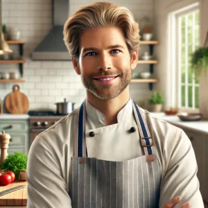 A stylized avatar of Thomas Rad, the AI chef, blending culinary tools with digital elements against a vibrant kitchen backdrop.