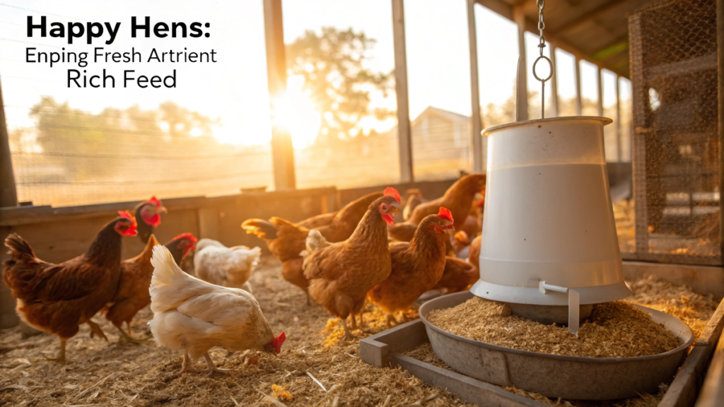 Healthy chickens eating bulk chicken feed