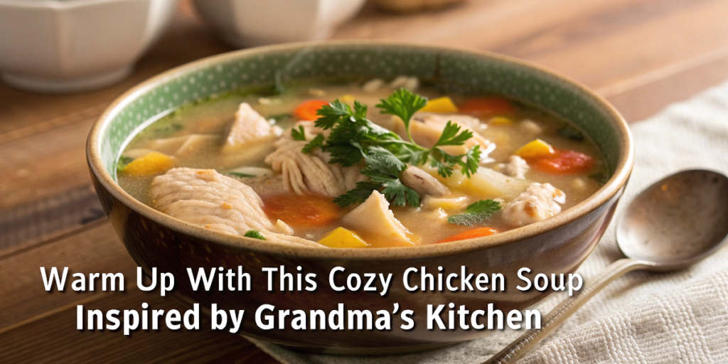 Grandmas Chicken Soup served in a rustic bowl with parsley garnish