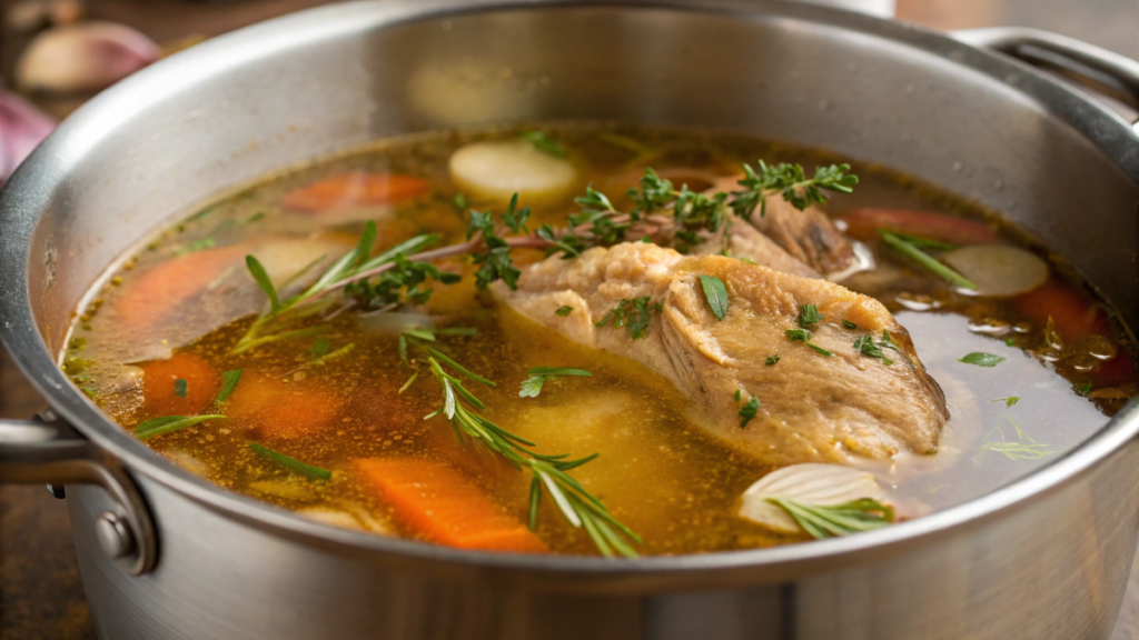 Rich homemade chicken bone stock simmering with vegetables and herbs
