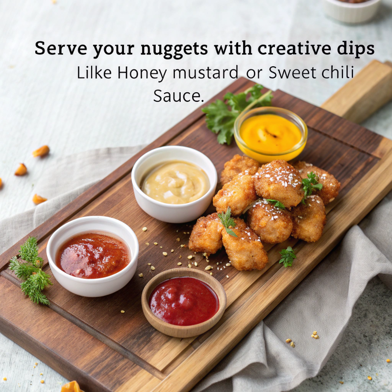 Delicious Tempera Chicken Nuggets served with honey mustard and sweet chili sauces