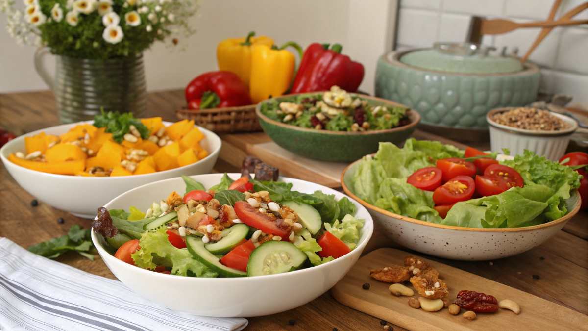 Assorted gourmet salads with grains, vegetables, and protein-rich toppings on a table.