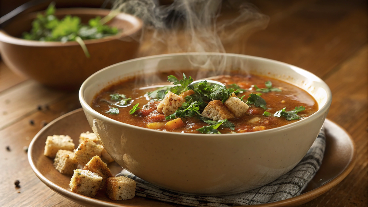Steaming bowl of vegetable and beef soup with fresh herbs and bread on the side.