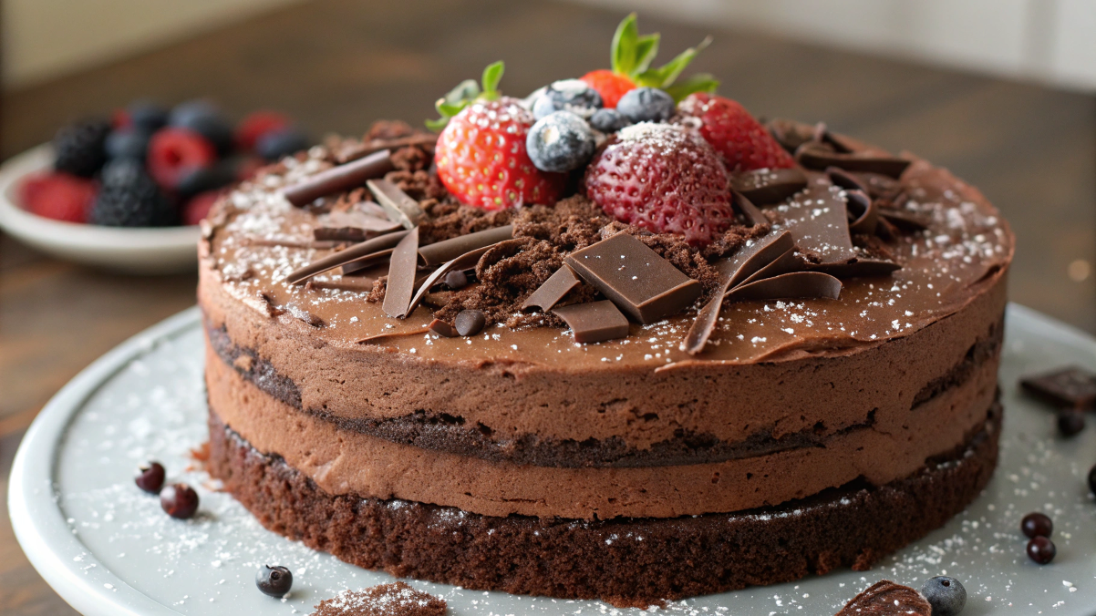Slice of chocolate cake with ganache and chocolate shavings on a dessert plate.