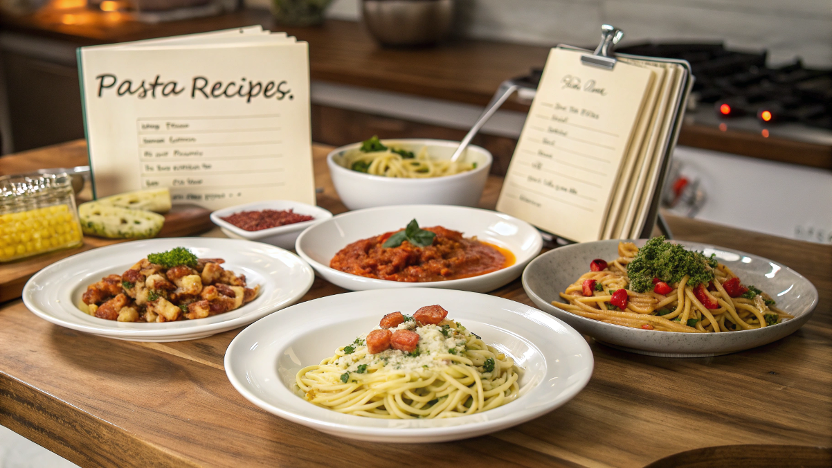 Various pasta dishes such as Alfredo, arrabbiata, and Bolognese garnished with herbs and cheese.