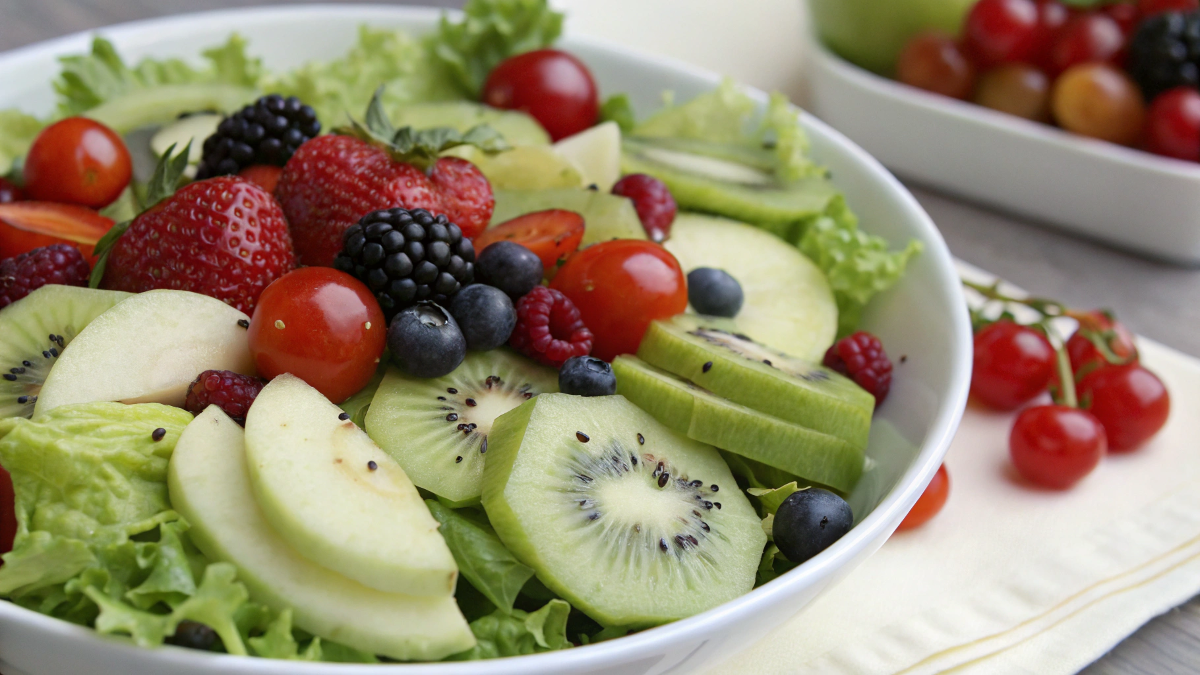 Colorful fresh fruit salad with strawberries, kiwi, blueberries, and mango in a white bowl.