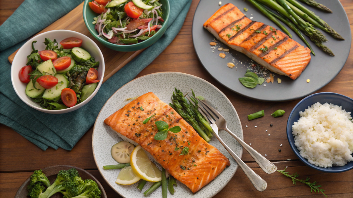 Pan-seared salmon fillet with lemon sauce and sides of asparagus and mashed potatoes.