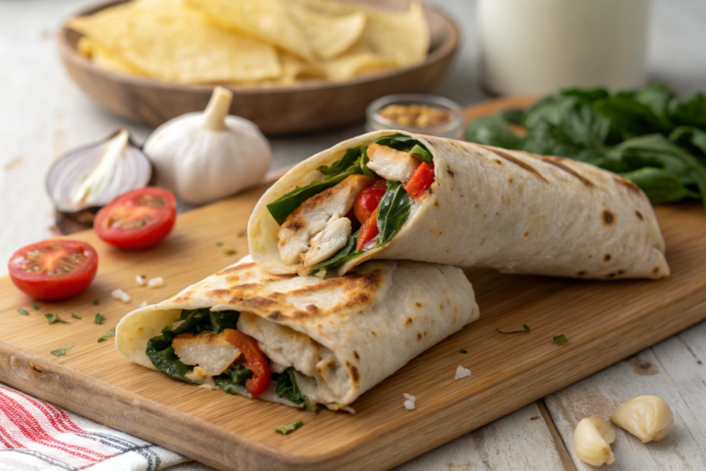 Close-up of a freshly made garlic chicken wrap with visible ingredients like grilled chicken, bell peppers, and melted cheese, served on a wooden board
