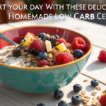 Colorful homemade low carb cereals in a bowl with berries and nuts