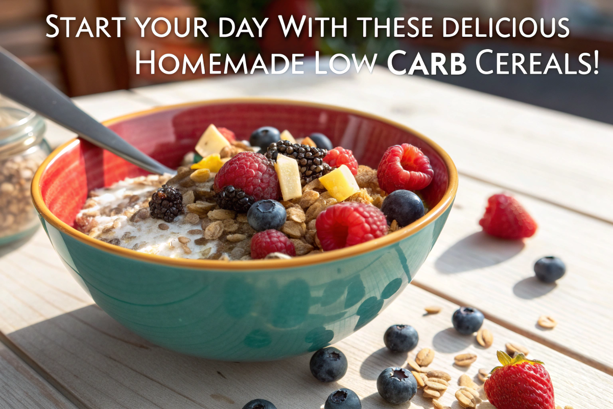 Colorful homemade low carb cereals in a bowl with berries and nuts