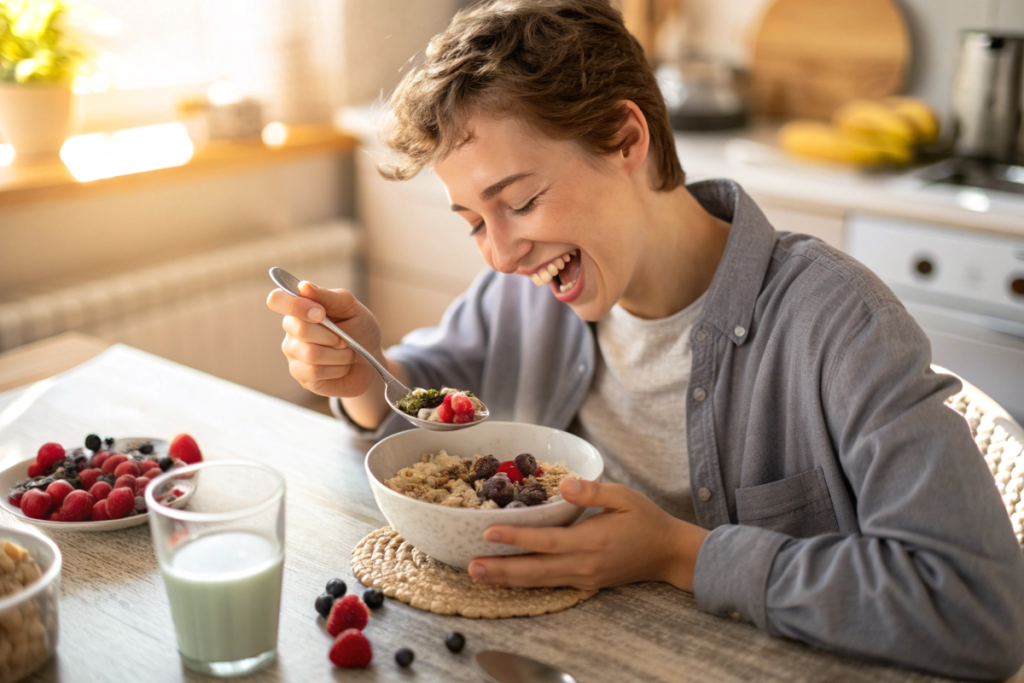Happy person enjoying a bowl of homemade low carb cereal at the breakfast table