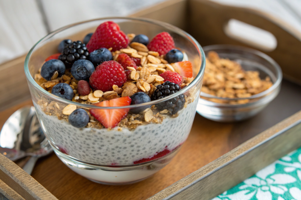 A beautiful breakfast bowl featuring homemade low carb granola and chia pudding topped with fresh berries and nuts