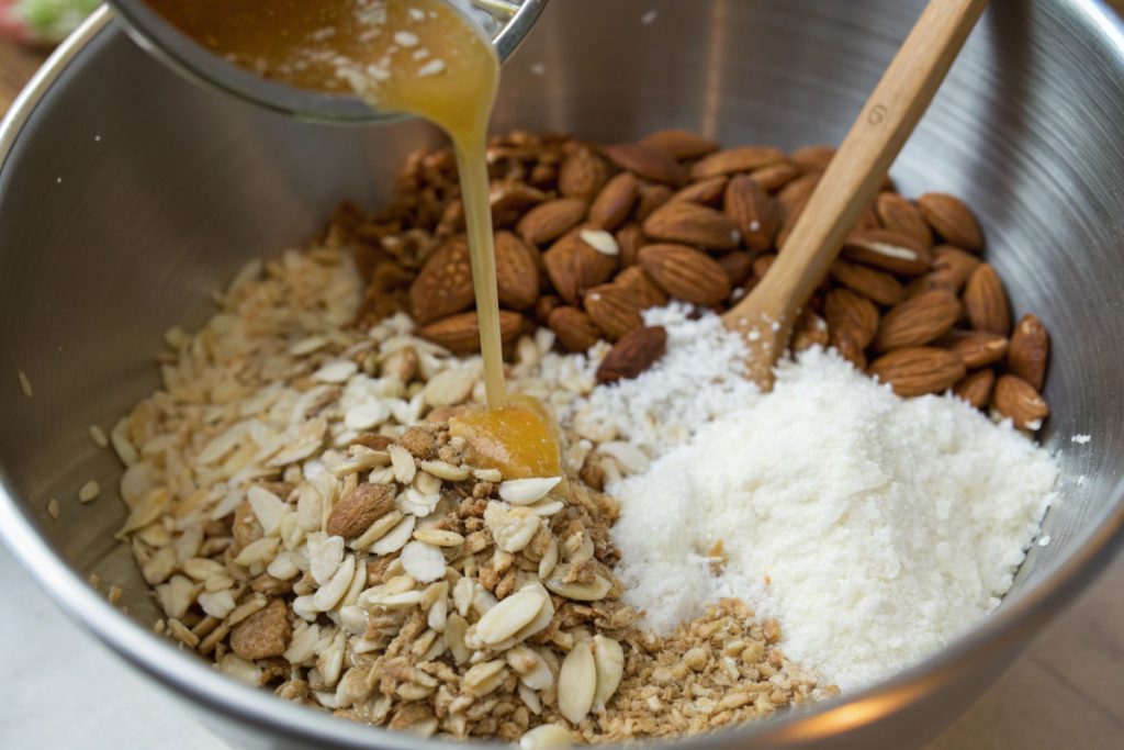 Mixing bowl containing chopped nuts, seeds, and flaked coconut being combined with a liquid sweetener mixture for low carb cereal