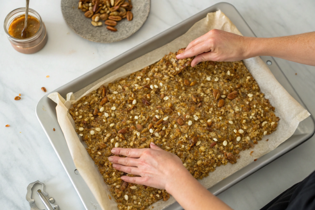 Person spreading a mixture of nuts, seeds, and coconut coated in sweetener onto a parchment-lined baking sheet for low carb granola cereal