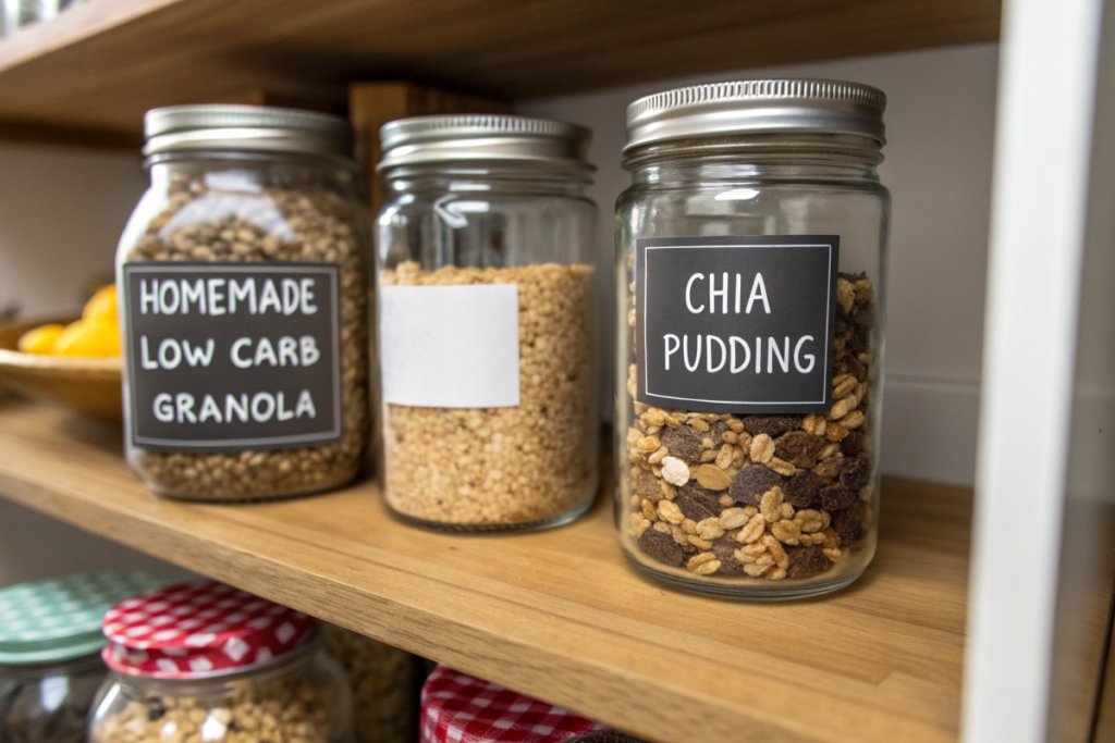 Glass jars filled with homemade low carb granola and chia pudding stored in a pantry