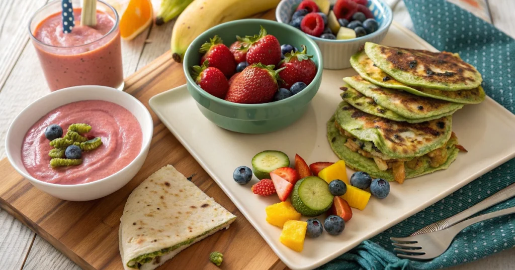 Creative fruit and vegetable toddler breakfast ideas with pancakes and smoothie bowls