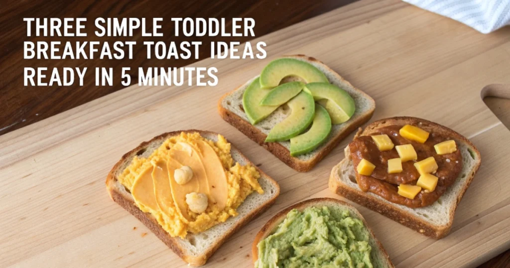 Three quick toddler breakfast toast variations with avocado, peanut butter and cheese