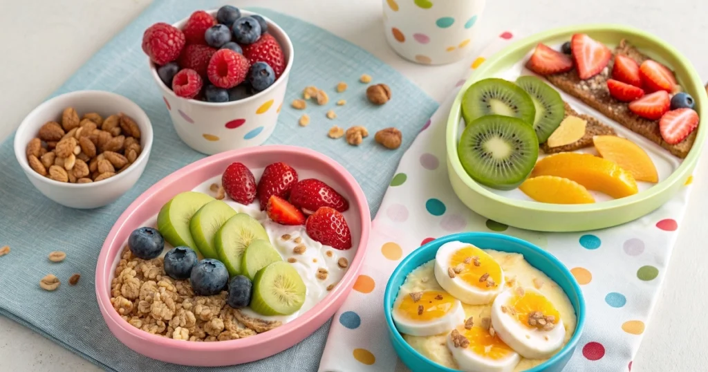 Assortment of quick and healthy toddler breakfast options including fruit, yogurt, toast, and eggs on a kitchen counter