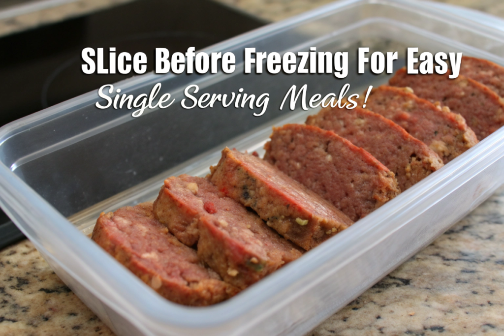 Wrapped Classic Meatloaf portions in freezer container