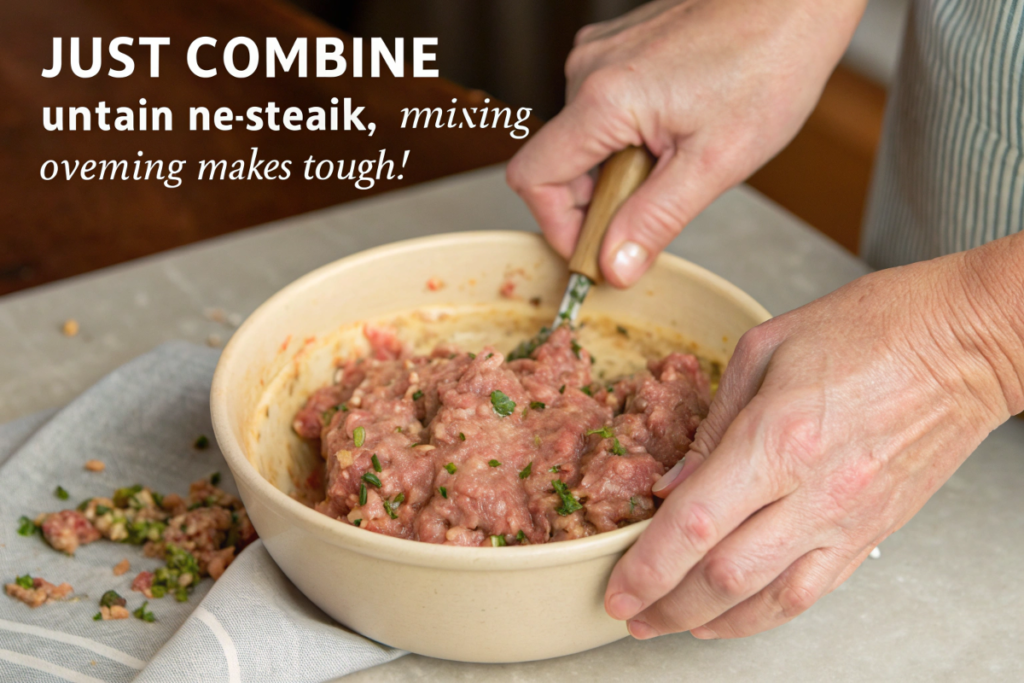 Hands mixing Classic Meatloaf in ceramic bowl with visible herbs