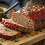Classic Meatloaf sliced to show juicy interior and glossy top