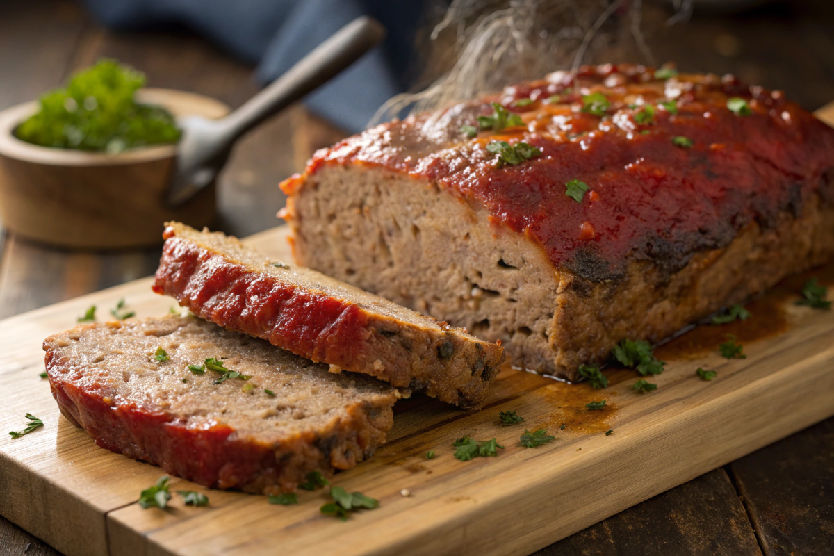 Classic Meatloaf sliced to show juicy interior and glossy top