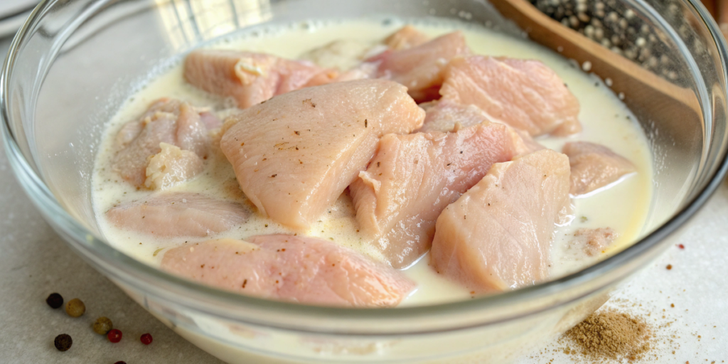 Chicken soaking in buttermilk for fried chicken recipe