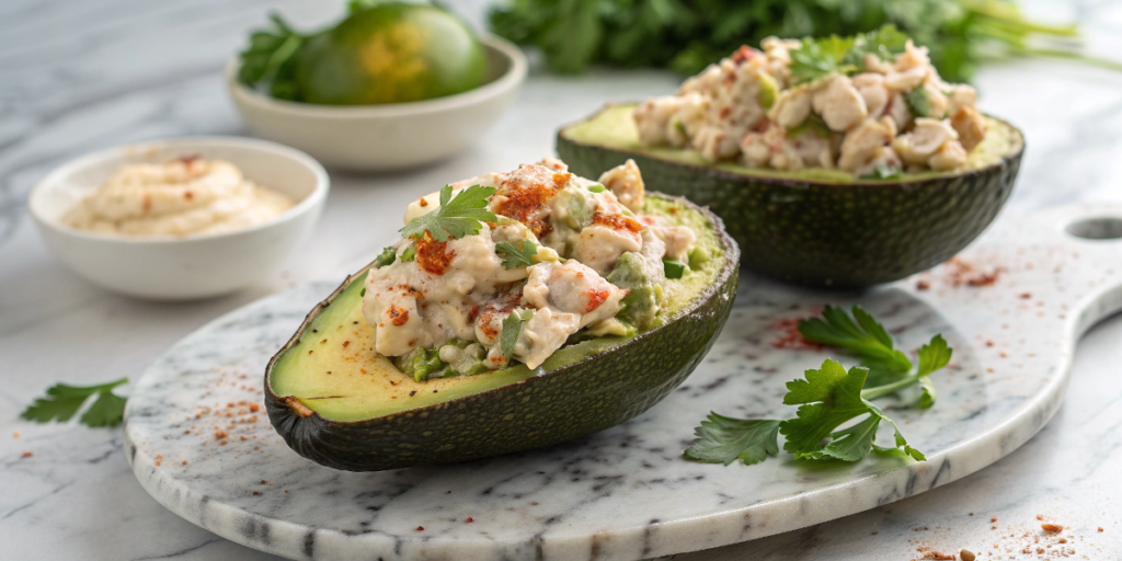 Halved avocados stuffed with canned chicken salad