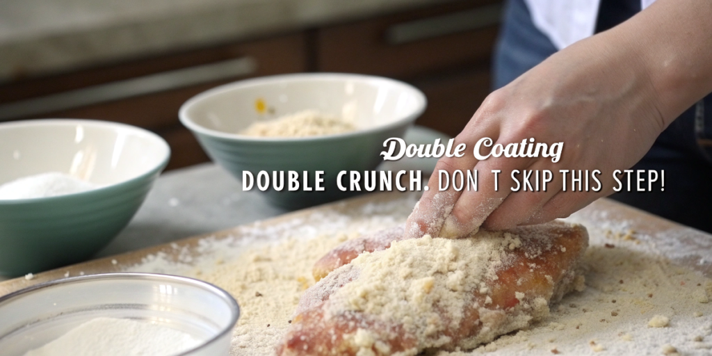 Hand double-dredging chicken for fried chicken recipe