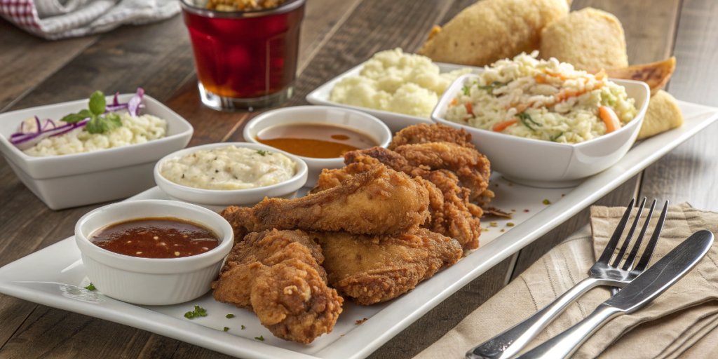 Plated fried chicken recipe with sides and dipping sauces