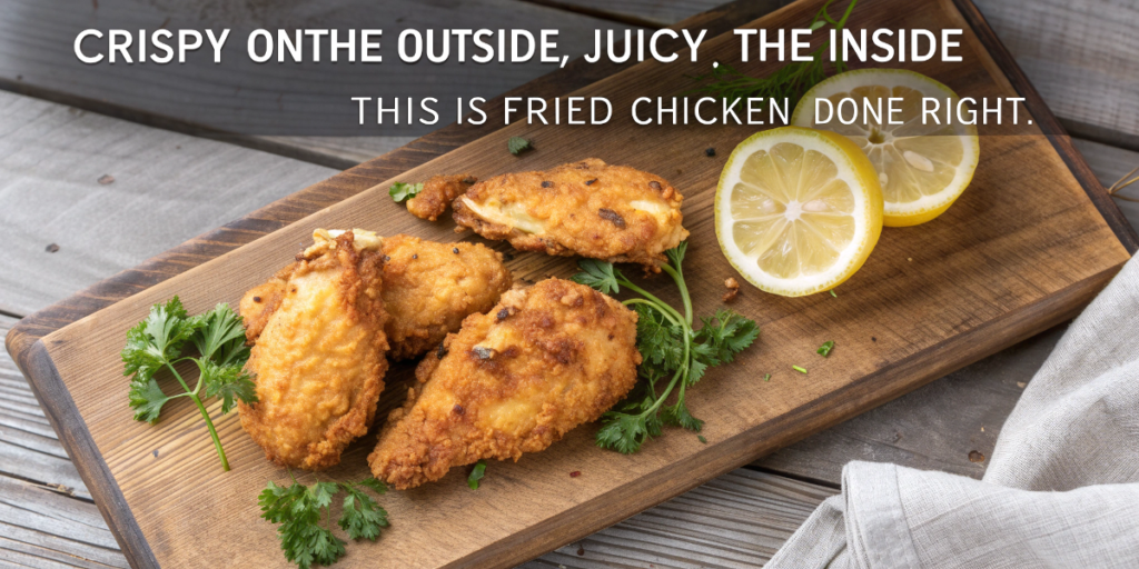 Perfect fried chicken recipe with crispy golden crust on wooden board