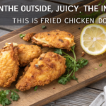 Perfect fried chicken recipe with crispy golden crust on wooden board