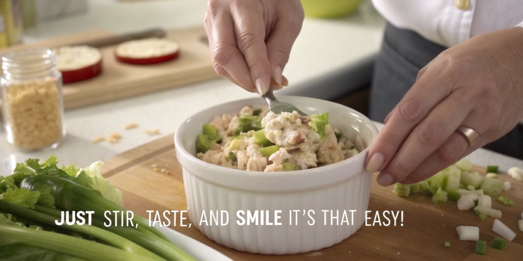 Hands mixing canned chicken salad in a ceramic bowl