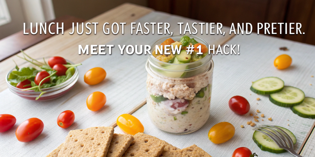 Canned chicken salad served in a mason jar with fresh veggies and crackers